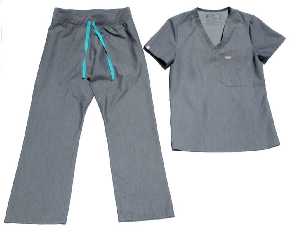 Figs Womens XXS Scrub Set Technical Collection Gray V-Neck Shirt Top Pants Blue
